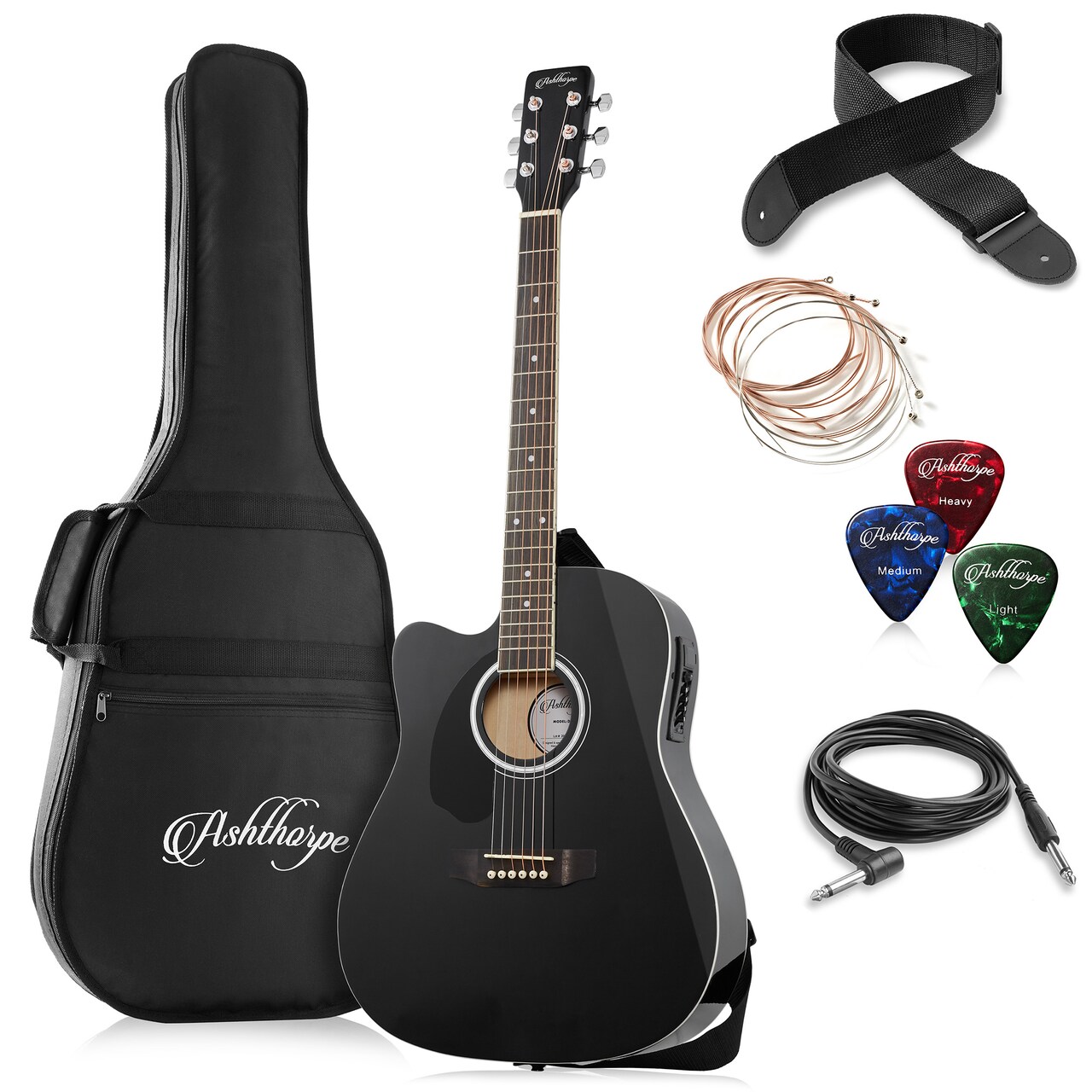 Ashthorpe Full-Size Left-Handed Dreadnought Cutaway Acoustic-Electric Guitar Bundle - Premium Tonewoods